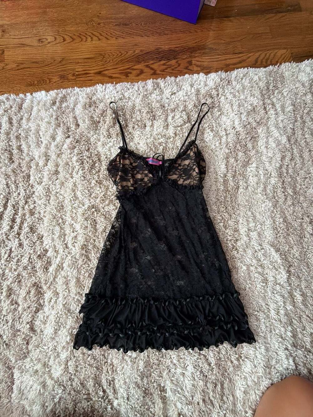 Edikted Women's Black Lace Ruffle Hem Mini Slip Dress